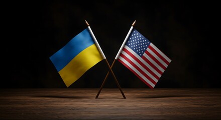 Ukraine and USA flags crossed symbolizing unity and support on wood table