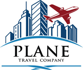Vector art of plane travel company logo with airplane and city skyline