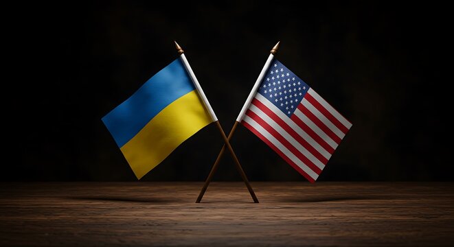 Ukraine and USA flags crossed symbolizing unity and support on wood table