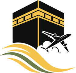 Vector art of airplane flying towards the kaaba in mecca, symbolizing hajj pilgrimage travel