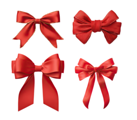 Four realistic red satin bows, various styles, on white background
