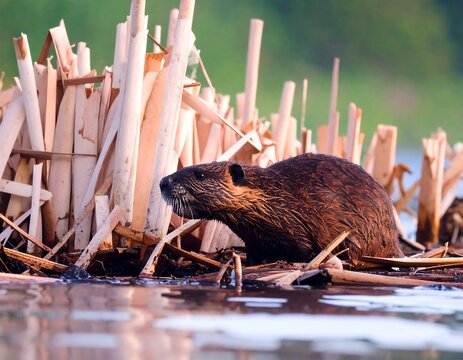 Close-up of a coypu in reeds