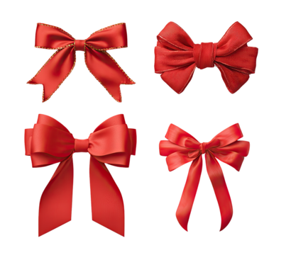 Four realistic red satin bows, various styles, on white background