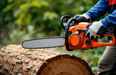 Woman using chainsaw to cut a log in a forest setting