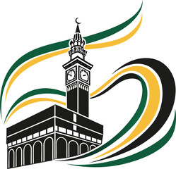 Vector art of kaaba in mecca with clock tower and abstract colorful swirls