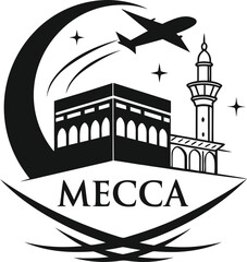 Vector art of kaaba in mecca with crescent moon, airplane, and stars