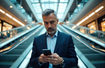 A businessman in formal attire using a smartphone in a modern shopping mall or airport terminal