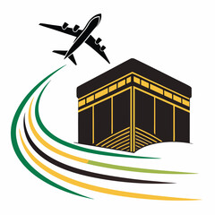 Vector art of kaaba in mecca with airplane and colorful swirls