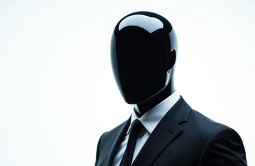 A faceless person in a formal suit with a glossy black mask creating a mysterious appearance