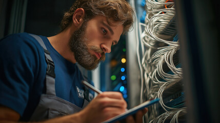Technician works on network cables in the server room during evening maintenance