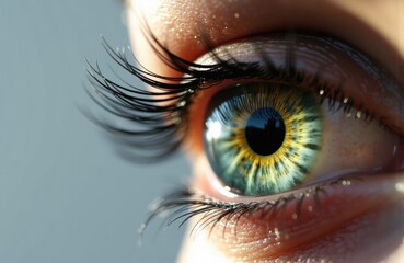 Close-up of a human eye with vibrant iris and detailed eyelashes