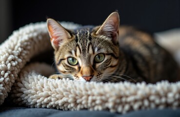 A curious tabby cat with green eyes resting on a soft, plush blanket