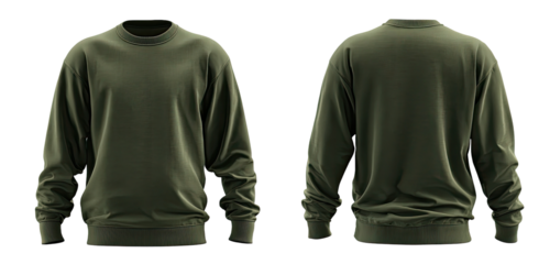 Front and back view of a plain olive green crewneck sweatshirt