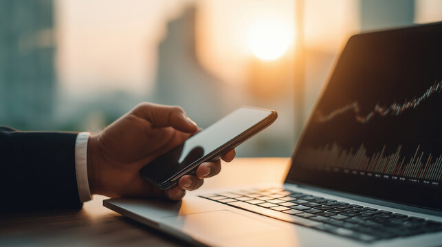 Business professional checks market data on smartphone at desk during sunset
