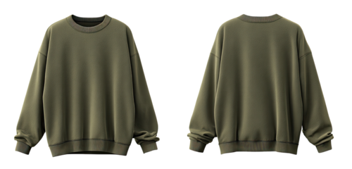 Front and back view of a plain, olive-green crewneck sweatshirt.  The sweatshirt has long sleeves and a relaxed fit.  It is presented in a digital rendering, showing the garment's form and color