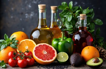 Colorful fresh fruits and bottles of juice arranged on a dark surface with green leaves in the background