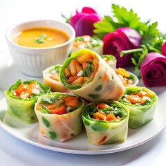 Colorful fresh spring rolls served with savory dipping sauce on a clean white backdrop