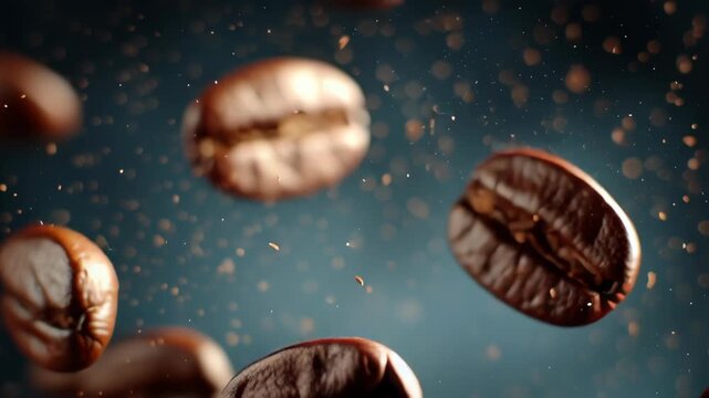 Close-up of coffee beans falling, showcasing texture, color, and dynamic movement, perfect for beverage themes.