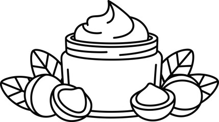 Jar of shea butter cream with shea nuts and leaves