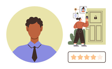 Person unlocking door via facial recognition system with user profile snapshots, evaluating 5-star rating. Ideal for security, technology, privacy, identity, user feedback, smart home AI. Simple