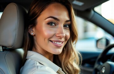 Woman smiling in car interior with natural light illuminating her face