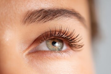 Obraz premium Captivating close-up of an eye showcasing vibrant green iris and lush lashes