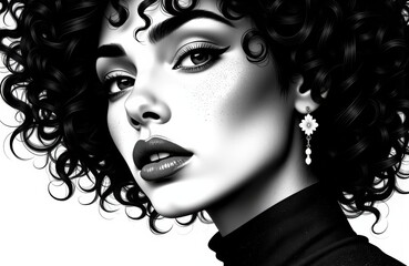Obraz premium Woman with curly hair and striking makeup looking at the camera