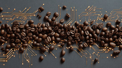 Dark roasted coffee beans scattered over illuminated circuit board pattern, blending technology and caffeine culture in a futuristic concept.
