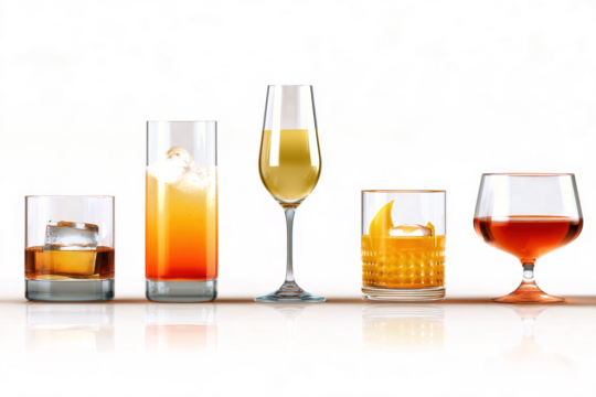 Empty cocktail glass PNG set bundle, transparent isolated background. Mixology, bar inventory glassware, various drink glasses collection. Highball, rocks, martini, champagne, old fashioned, tumbler