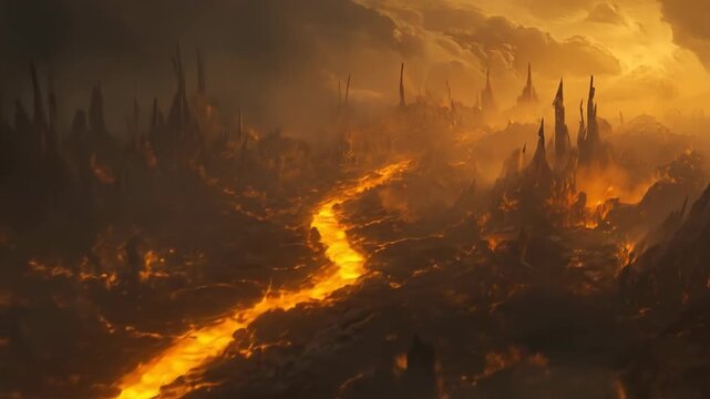 Dramatic scene of a fiery river flowing through a dark landscape