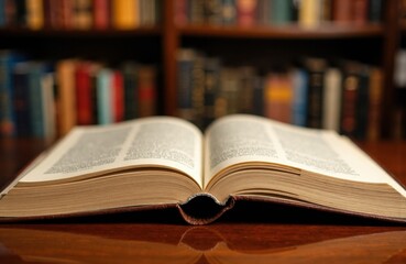 Open book lying on a wooden table with blurred bookshelf in the background