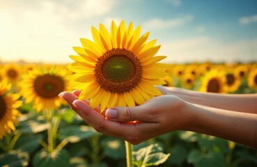A woman holding a sunflower in a bright sunflower field during sunset