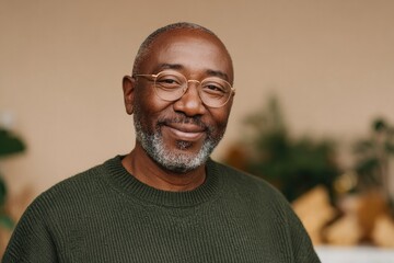 Obraz premium Warm smile of an older man in cozy setting, exuding confidence and wisdom, soft lighting