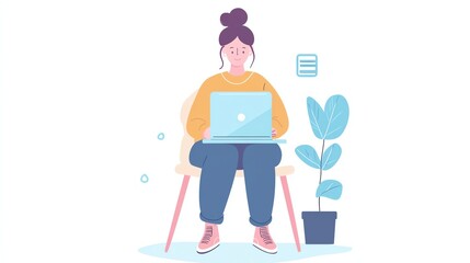 Fototapeta premium Illustration of a person working on a laptop at home with a nearby plant.