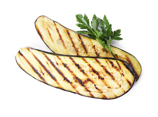 Slices of grilled eggplant and parsley isolated on white, top view