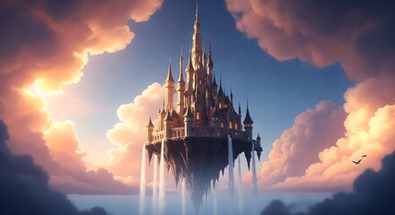 Majestic fantasy castle floating amidst dramatic clouds and ethereal light at sunset