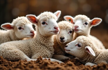 Fototapeta premium Cute sheep lambs resting together on the ground in a natural outdoor setting