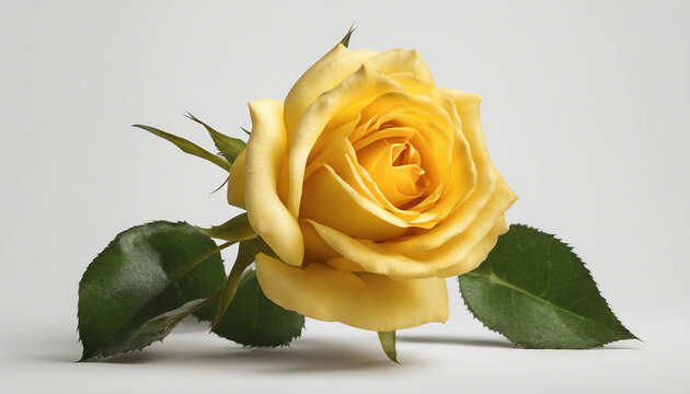 Single yellow rose centered on a minimalist white surface | Bright yellow rose in full bloom against a plain white background. Generative AI