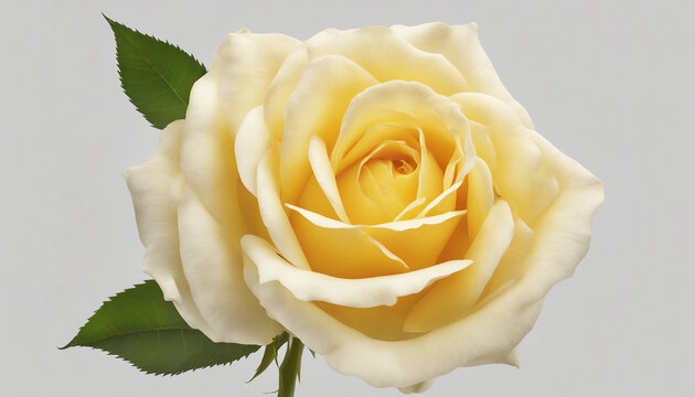 Single yellow rose centered on a minimalist white surface | Bright yellow rose in full bloom against a plain white background. Generative AI