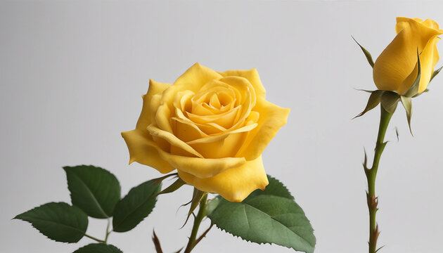 Single yellow rose centered on a minimalist white surface | Bright yellow rose in full bloom against a plain white background. Generative AI