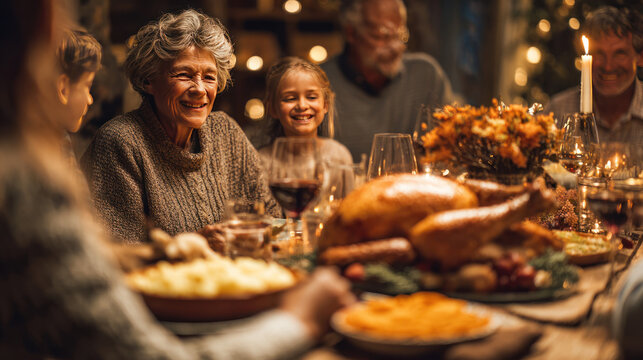 Happy multigenerational family enjoying Thanksgiving dinner
