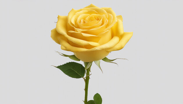 Single yellow rose centered on a minimalist white surface | Bright yellow rose in full bloom against a plain white background. Generative AI