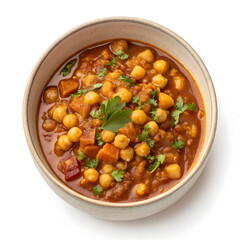A thick and hearty chickpea stew with rich gravy, served in a bowl, isolated on white background,