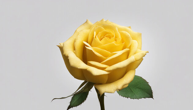 Single yellow rose centered on a minimalist white surface | Bright yellow rose in full bloom against a plain white background. Generative AI