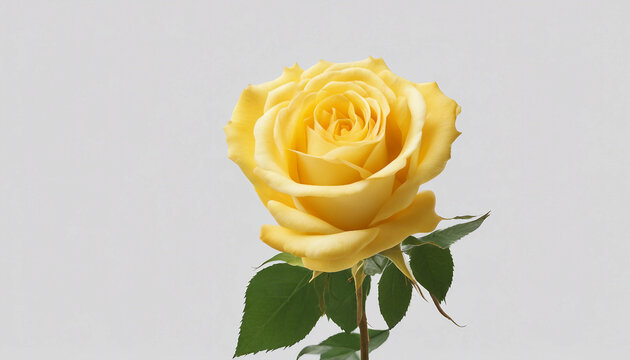 Single yellow rose centered on a minimalist white surface | Bright yellow rose in full bloom against a plain white background. Generative AI