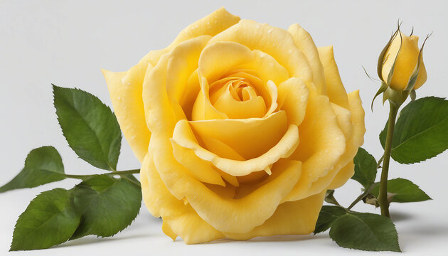 Single yellow rose centered on a minimalist white surface | Bright yellow rose in full bloom against a plain white background. Generative AI