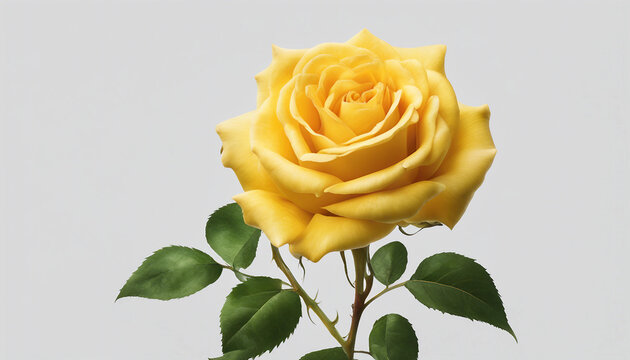 Single yellow rose centered on a minimalist white surface | Bright yellow rose in full bloom against a plain white background. Generative AI