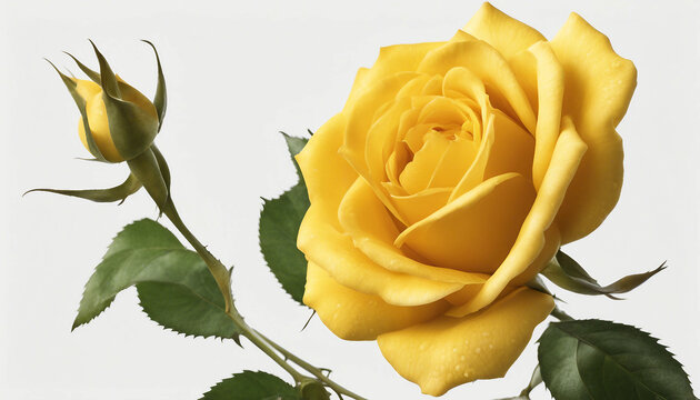 Single yellow rose centered on a minimalist white surface | Bright yellow rose in full bloom against a plain white background. Generative AI