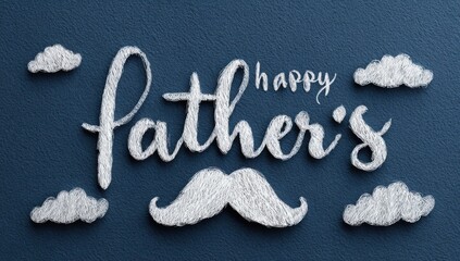 Happy fathers day text and mustache made of glitter on dark textured background with scattered glitter clouds