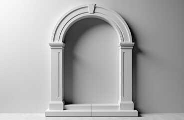 A white classical archway with decorative columns standing against a plain gray background